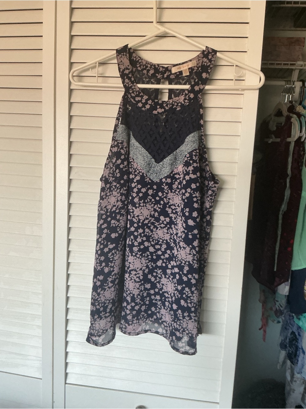 Skies Are Blue Navy and Light Pink Floral Halter Camisole, size M
